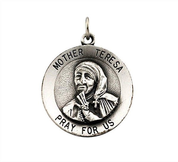 Sterling Silver Round Mother Teresa Medal Pendant Necklace, 18" (18 MM)