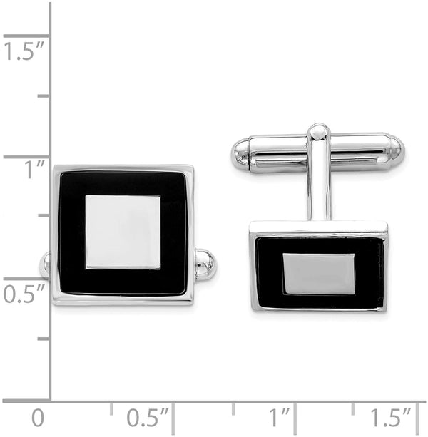 Italian Rhodium-Plated Sterling Silver and Black Square Cuff Links, 15 Millimeters