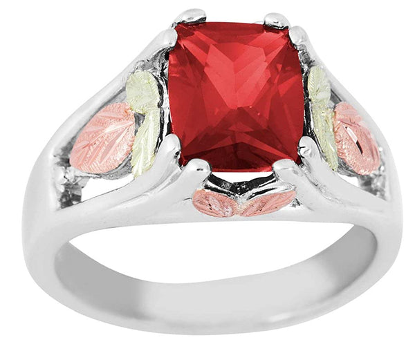 July Birthstone Created Ruby Ring, Sterling Silver, 12k Green and Rose Gold Black Hills Silver Motif, Size 9.5