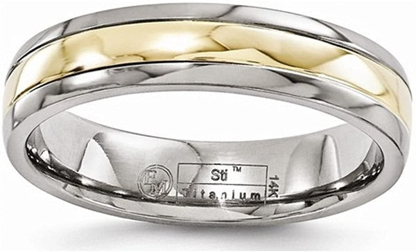 Gold Collection Titanium with 14k Yellow Gold Inlay 5mm Domed Bands,Size 10.5