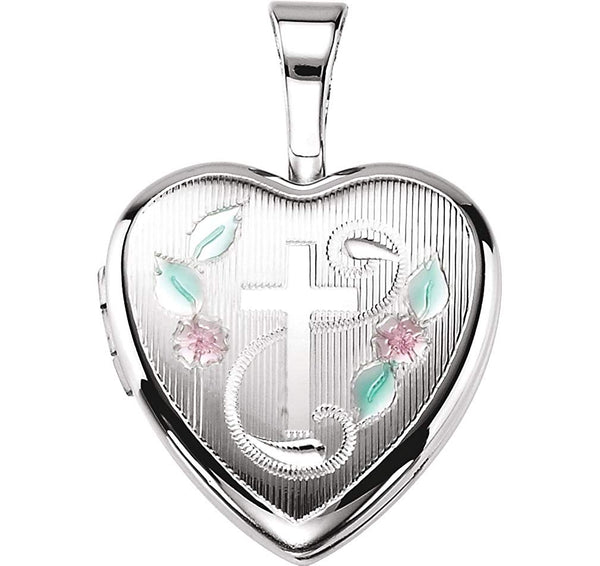 Petite Diamond-Cut Cross and Roses Sterling Silver Locket Pendant (12.50X12.00 MM)