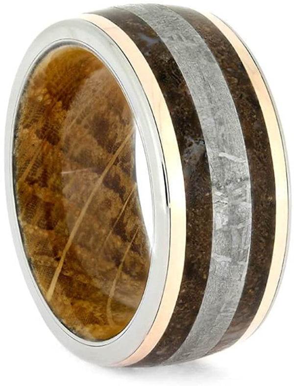 Gibeon Meteorite, Dinosaur Bone, 14k Rose Gold 10mm Titanium Comfort-Fit Whiskey Oak Wood Band, Size 6