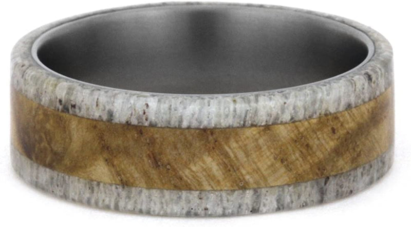 Black Ash Wood Burl, Deer Antler 8mm Comfort-Fit Matte Titanium Wedding Ring, Size 4