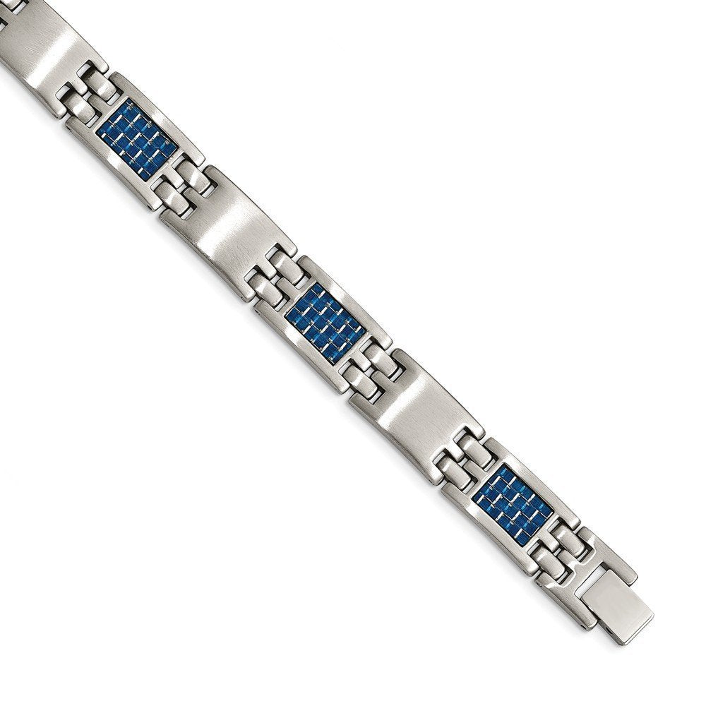 Men's Stainless Steel Brushed with Blue Carbon Fiber Inlay Bracelet, 8.5"