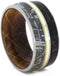 Dinosaur Bone, Gibeon Meteorite, Titanium, 14k Yellow Gold 10mm Comfort-Fit Whiskey Barrel Oak Wood Band, Size 14