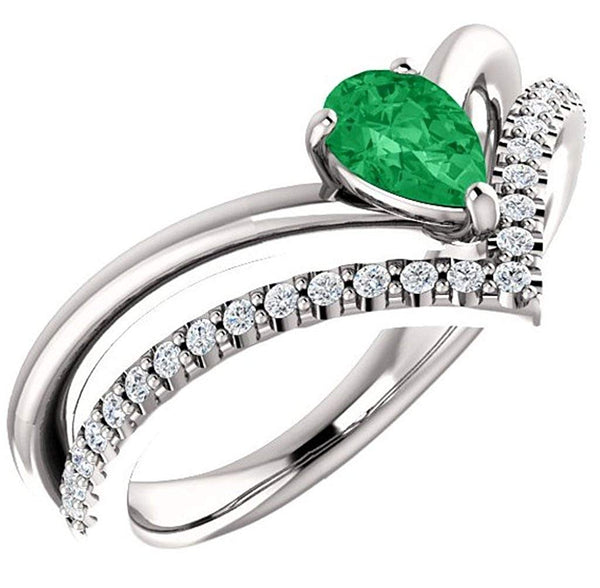 Chatham Created Emerald Pear and Diamond Chevron Platinum Ring ( .145 Ctw, G-H Color, SI2-SI3 Clarity)