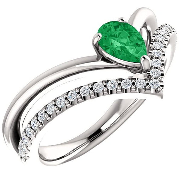 Chatham Created Emerald Pear and Diamond Chevron Platinum Ring (.145 Ctw, G-H Color, SI2-SI3 Clarity), Size 7