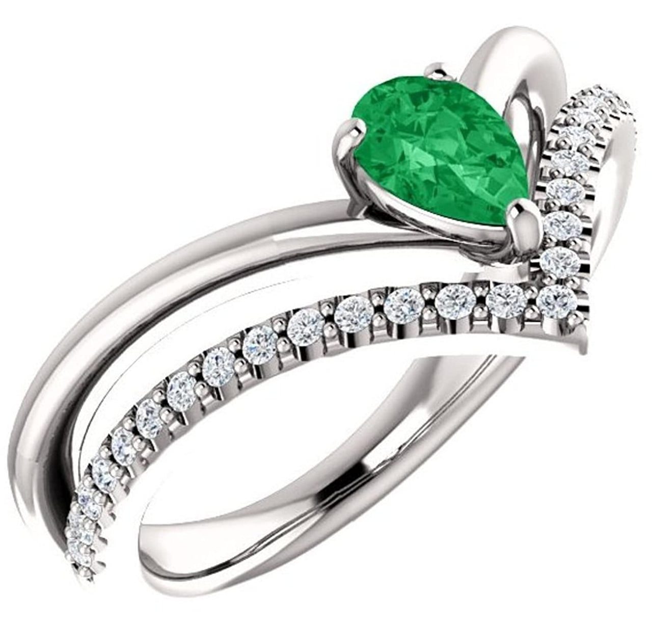 Chatham Created Emerald Pear and Diamond Chevron Rhodium-Plated 14k White Gold Ring (.145 Ctw, G-H Color, I1 Clarity)