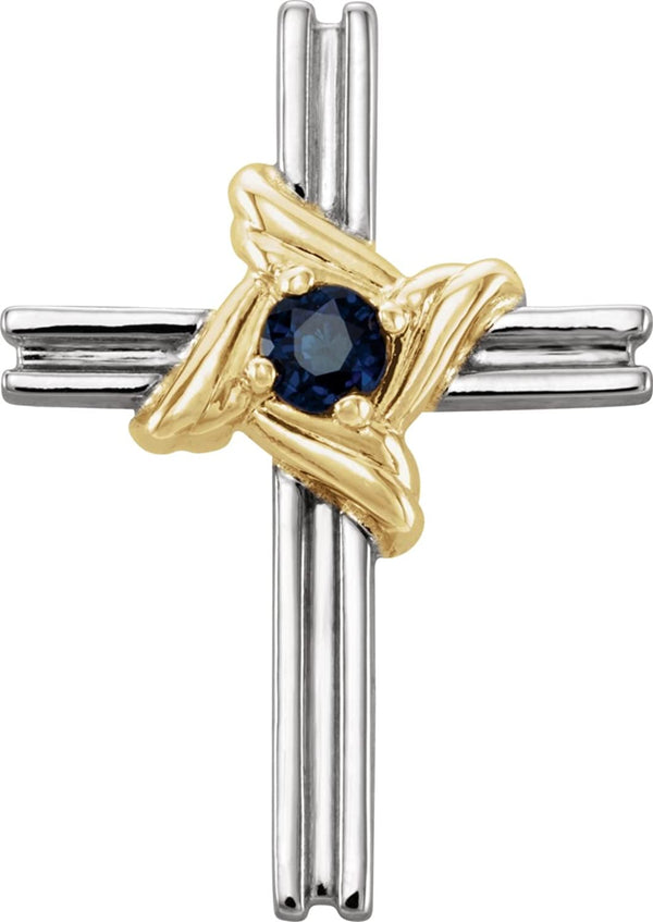 Blue Sapphire Cross 14k White and Yellow Gold Pendant (18.10X12.80 MM)