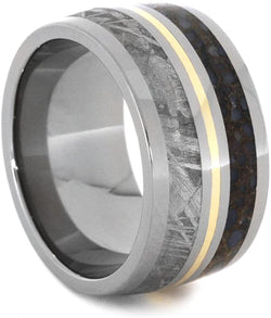 Dinosaur Bone, Gibeon Meteorite, 14k Yellow Gold 12mm Comfort-Fit Titanium Band, Size 9.75