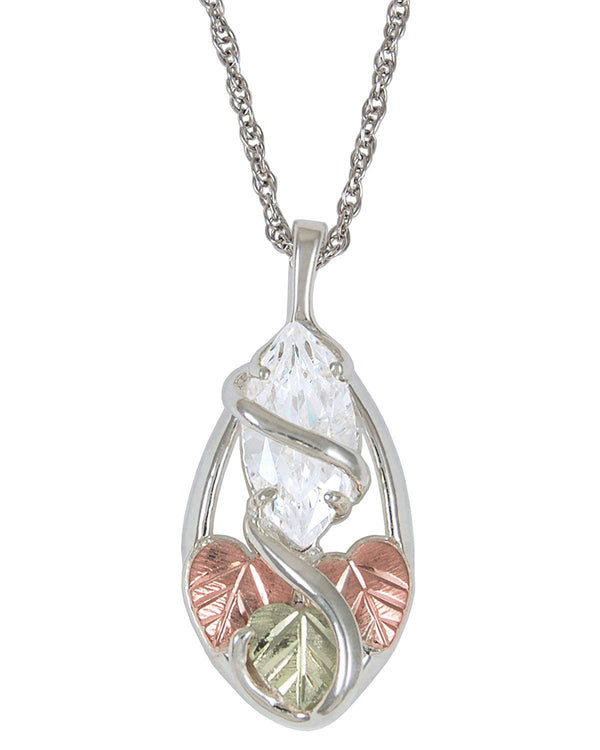 CZ Marquise Pendant Necklace, Sterling Silver, 12k Green and Rose Gold Black Hills Gold Motif, 18"