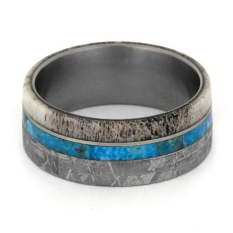 Turquoise, Deer Antler, Gibeon Meteorite 9.5mm Comfort-Fit Matte Titanium Band