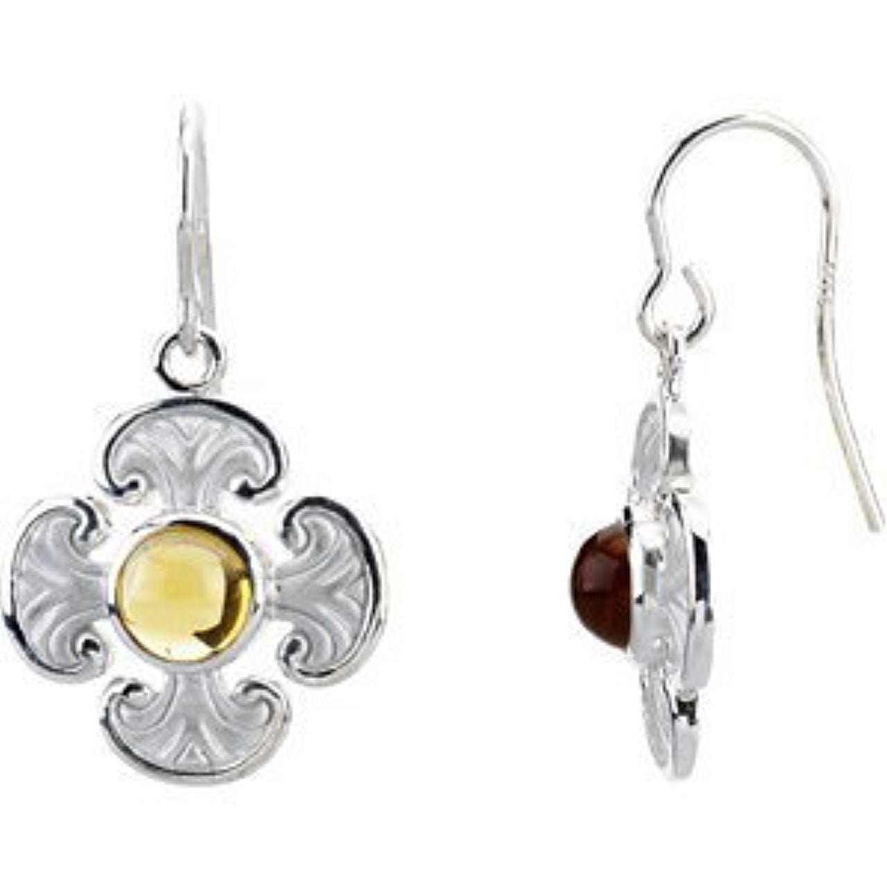 14k White Gold Genuine Citrine Maltese Cross Earrings