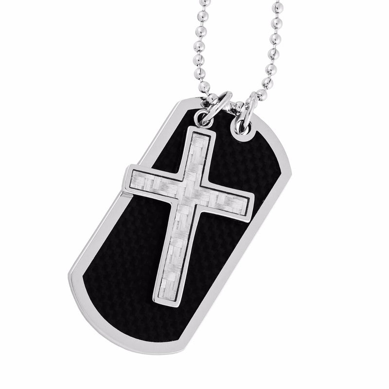 Men's Carbon Fiber Cross with Dog Tag Pendant Necklace, Stainless Steel, 24"