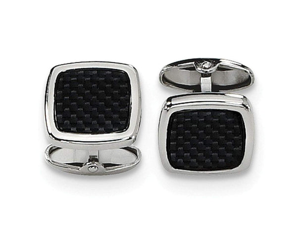 Stainless Steel Black Carbon Fiber Inlay Square Cuff Links, 15MM