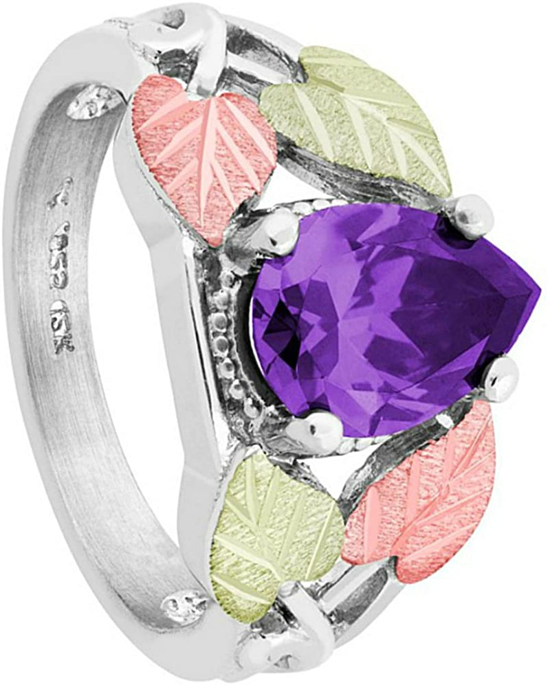 Pear Amethyst CZ Ring, Sterling Silver, 12k Green and Rose Gold Black Hills Gold Motif, Size 8