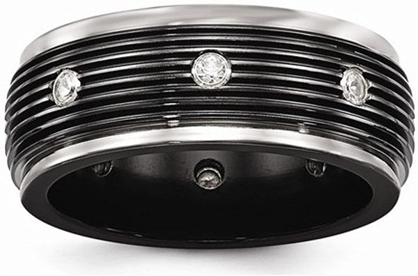 Edward Mirell Titanium and Black Titanium with White Sapphires Grooved 9mm Wedding Band, Size 8.5