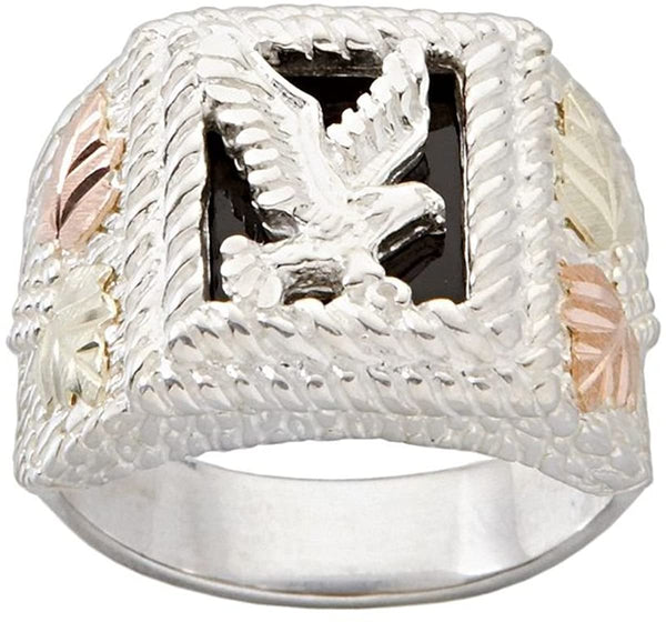 Men's Onyx Eagle Signet Ring, Sterling Silver, 12k Green and Rose Gold Black Hills Gold Motif, Size 11.75