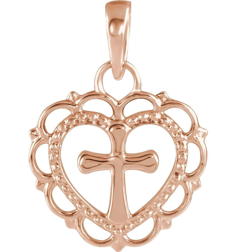Scalloped Heart with Cross 14k Rose Gold Youth Pendant (15.50X11.70 MM)