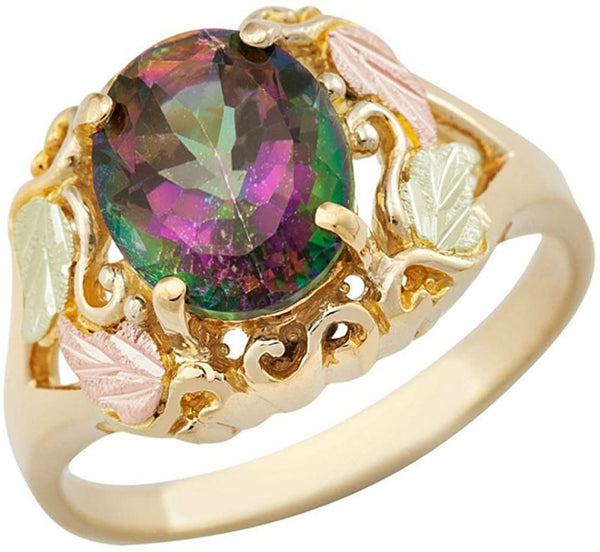Scrollwork Mystic Fire Topaz Ring, 10k Yellow Gold, 12k Green and Rose Gold Black Hills Gold Motif, Size 2