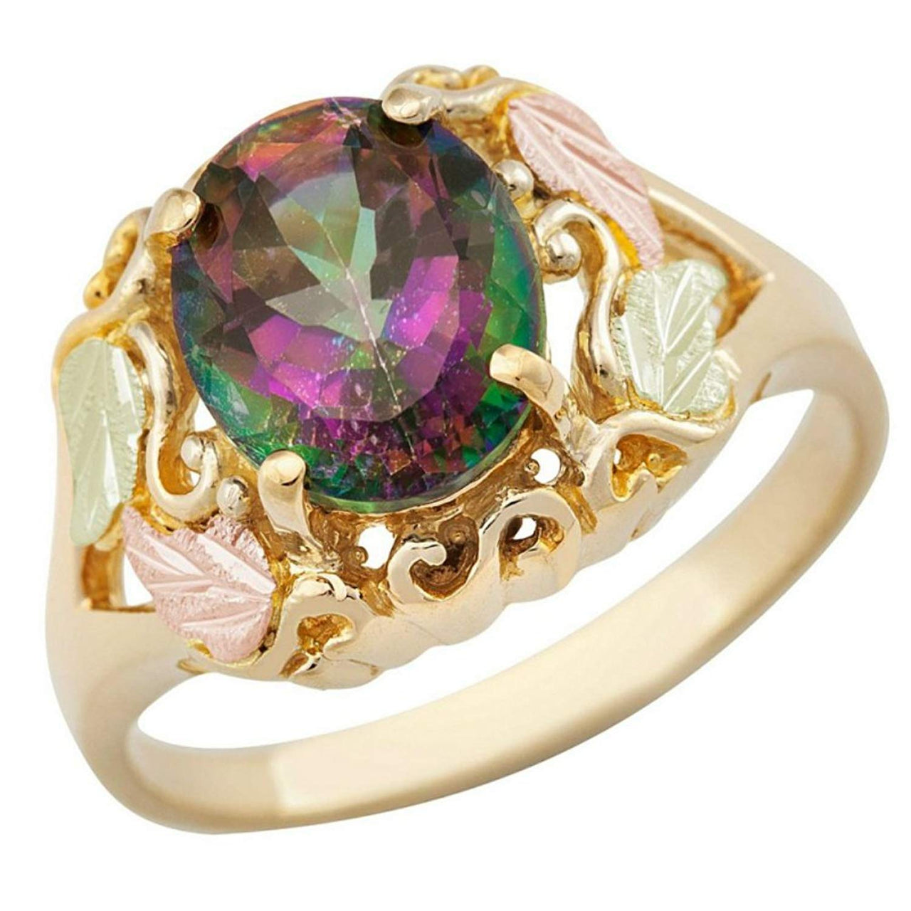 Scrollwork Mystic Fire Topaz Ring, 10k Yellow Gold, 12k Green and Rose Gold Black Hills Gold Motif