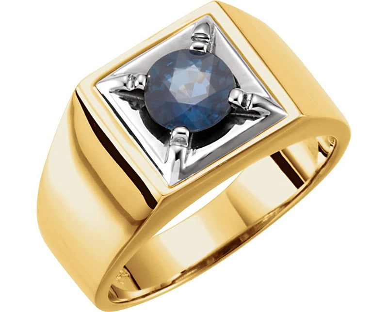 Men's Blue Sapphire Flat Top Ring, 14k Yellow Gold and Rhodium-Plated 14k White Gold