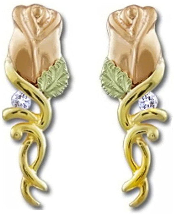 12k Rose Gold Diamond Rose Bud Earrings, 10k Yellow Gold on Black Hills Gold Motif (.06 Ctw)