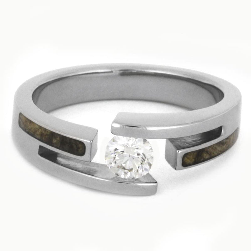 Tension-Set Diamond, Buckeye Burl 7.5mm Comfort-Fit Titanium Bypass Ring, Size 14.25
