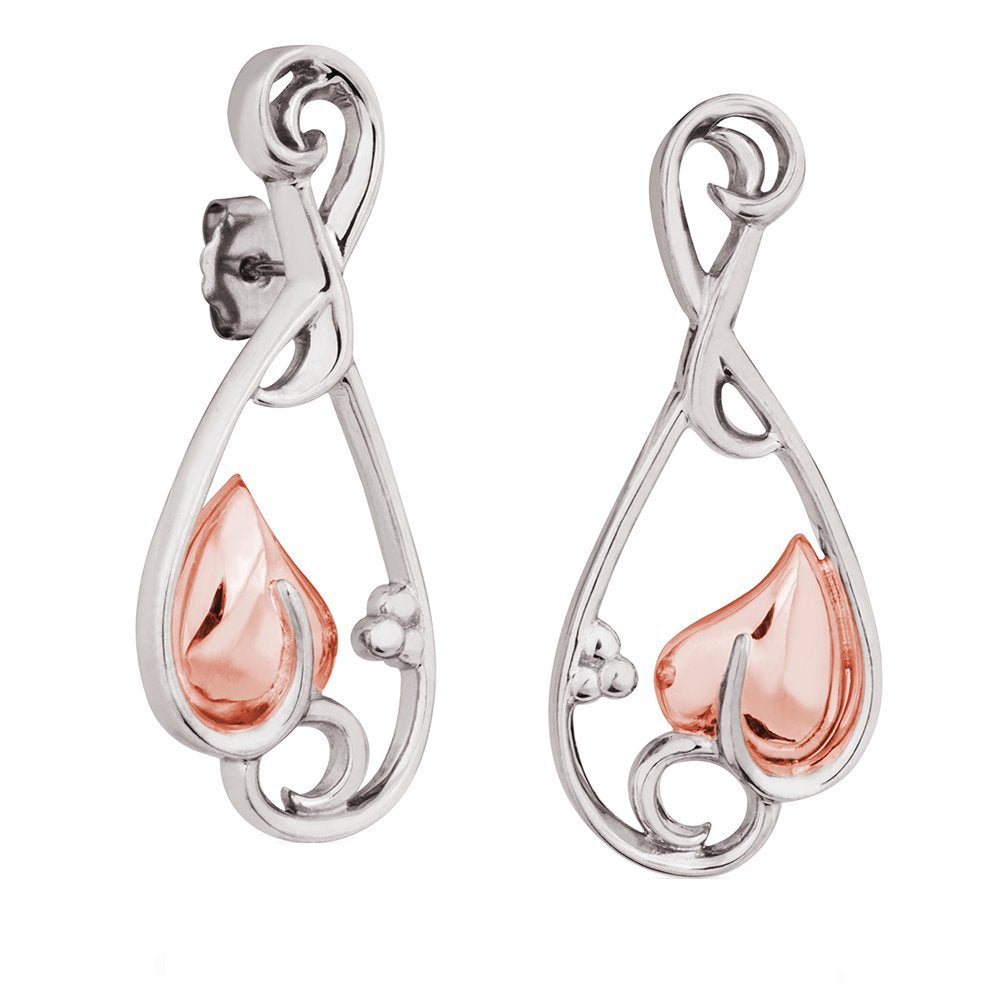 Victorian-Style Heart Earrings, Rhodium Plated Sterling Silver, 10k Rose Gold