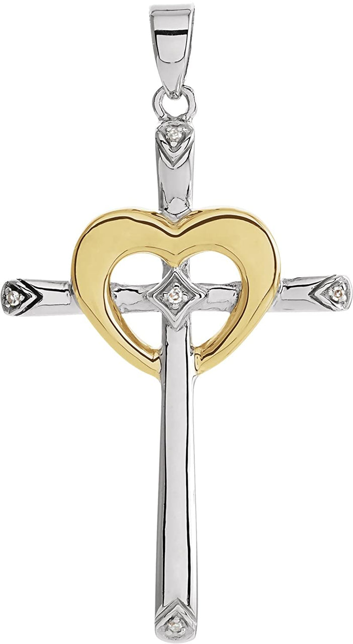 Diamond Heart Cross Rhodium-Plated Sterling Silver and 10k Yellow Gold Pendant (.015 Ctw, I-J Color, I3 Clarity)