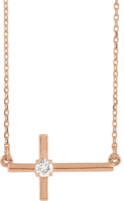 Diamond Sideways Cross 14k Rose Gold Necklace, 16"-18" (.1 Ct, G-H Color, I1 Clarity)