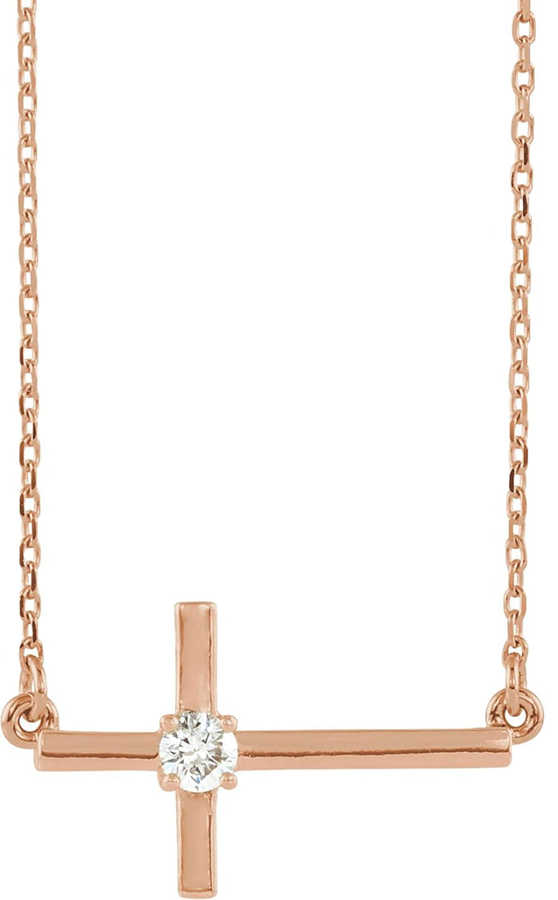 Diamond Sideways Cross 14k Rose Gold Necklace, 16"-18" (.1 Ct, G-H Color, I1 Clarity)