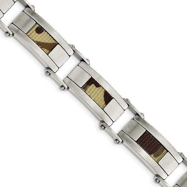 Men's Stainless Steel Satin with Brown Camo Fabric Inlay Link Bracelet, 8.5"
