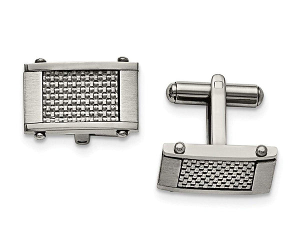 Brushed and Polished Stainless Steel Grey Carbon Fiber Inlay Rectangle Cuff Links, 11X20MM