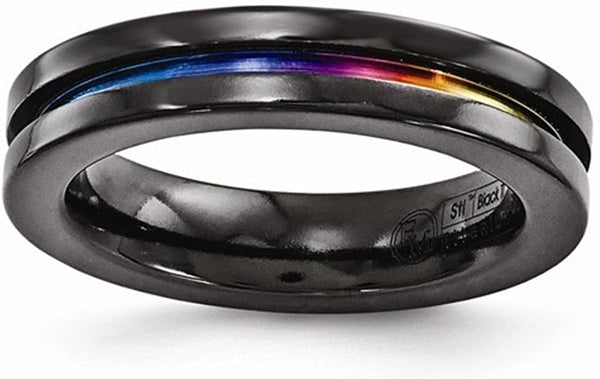 Edward Mirell Black Titanium Grooved Multi-Colored Anodized 4mm Wedding Band, Size 8.5