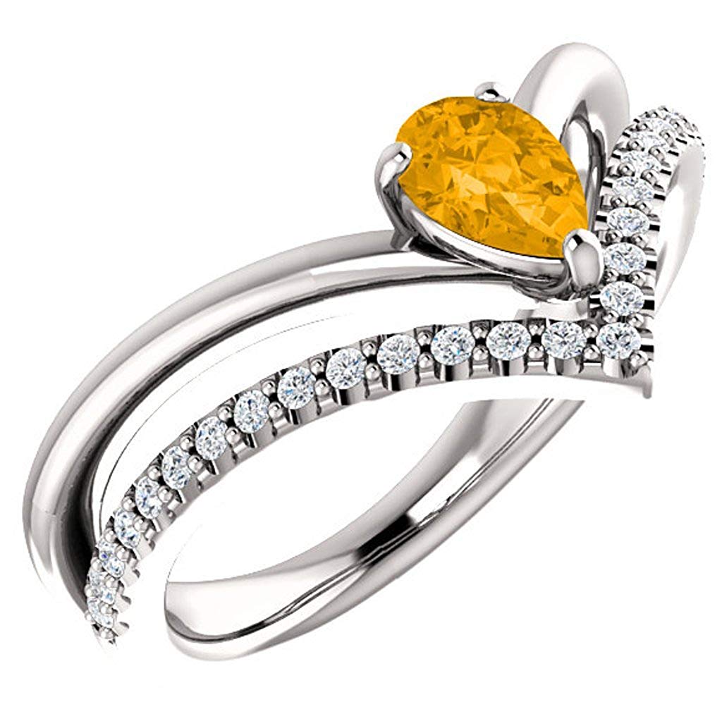 Citrine Pear and Diamond Chevron Sterling Silver Ring (.145 Ctw,G-H Color, I1 Clarity)