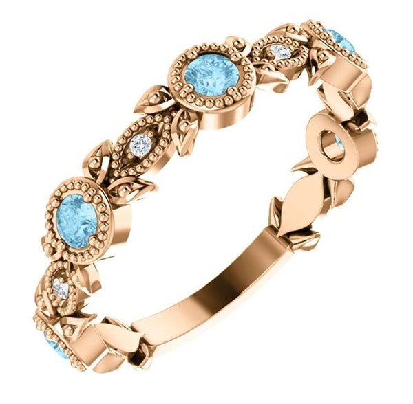 Aquamarine and Diamond Vintage-Style Ring, 14k Rose Gold (0.03 Ctw, G-H Color, I1 Clarity)