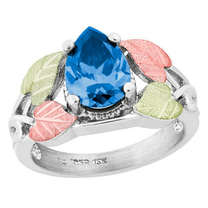 Pear Swiss Blue CZ Ring, Sterling Silver, 12k Green and Rose Gold Black Hills Gold Motif, Size 6.75