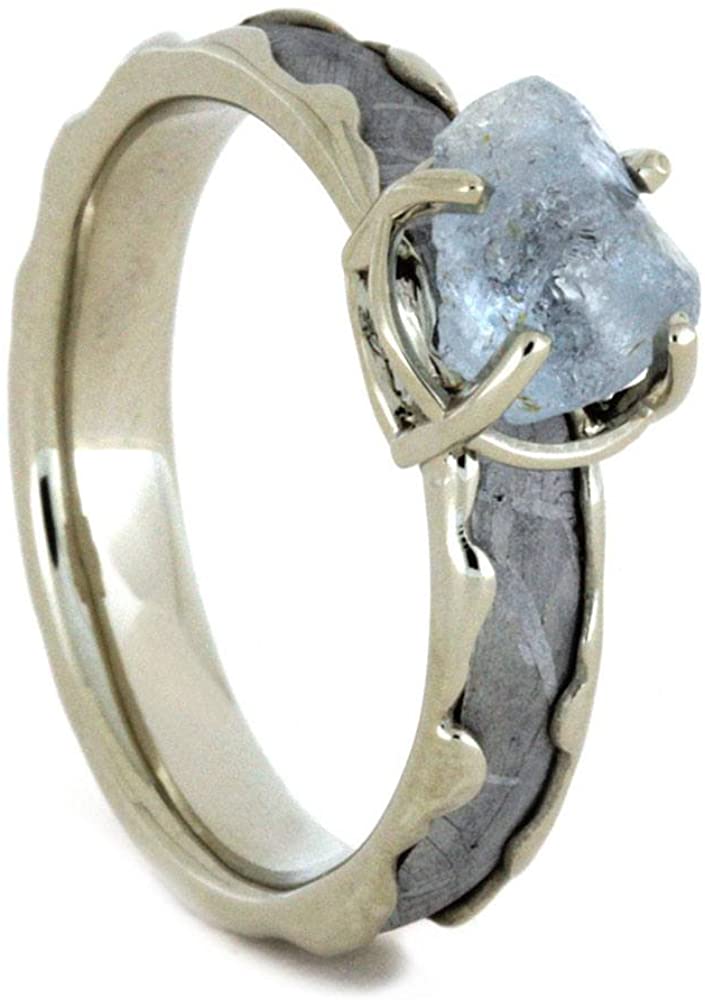 Aquamarine, Gibeon Meteorite, 10k White Gold Engagement Ring and Gibeon Meteorite, Deer Antler Titanium Band, Couples Wedding Set, M9.5-F8.5