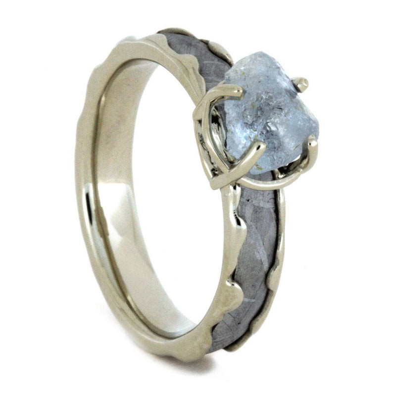 Aquamarine, Gibeon Meteorite, 10k White Gold Engagement Ring and Gibeon Meteorite, Deer Antler Titanium Band, Couples Wedding Set