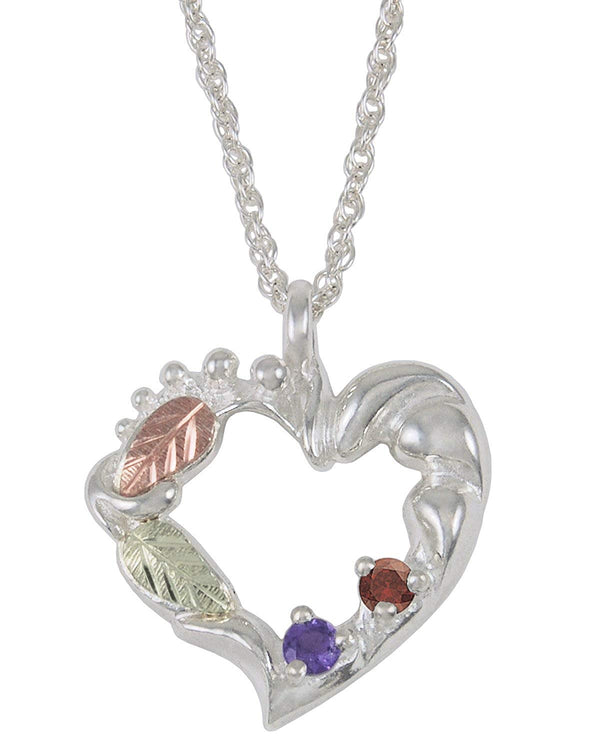 Amethyst, Smoky Quartz Heart Pendant Necklace, Sterling Silver, 12k Green and Rose Gold Black Hills Gold Motif, 18"