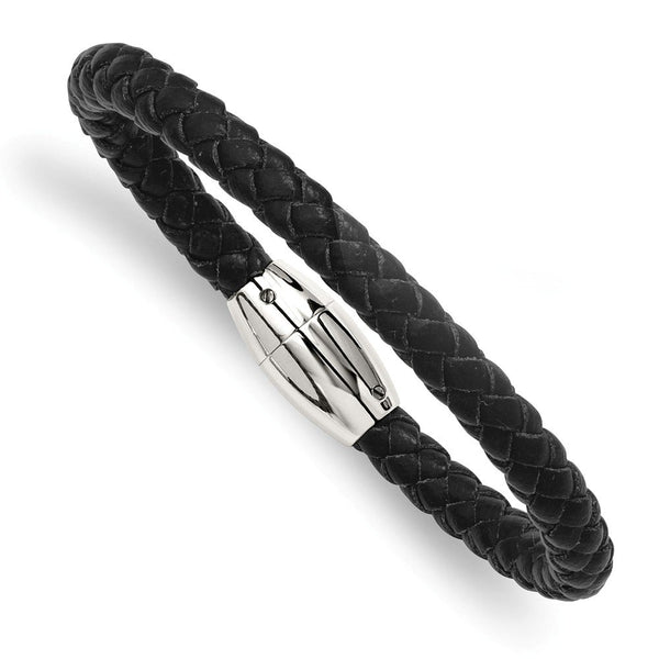 Men's Stainless Steel 6mm Black Leather Bracelet, 8.5"