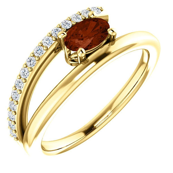 Mozambique Garnet and Diamond Bypass Ring, 14k Yellow Gold (.125 Ctw, G-H Color, I1 Clarity)
