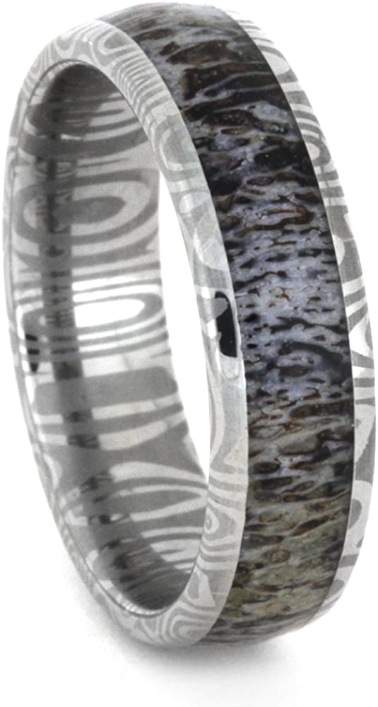 Deer Antler Damascus Stainless Steel, 6mm Comfort-Fit Band, Size 8.25