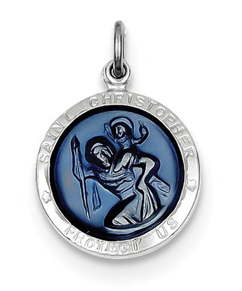 Rhodium-Plated Sterling Silver Blue Epoxy St. Christopher Medal (20X15MM)
