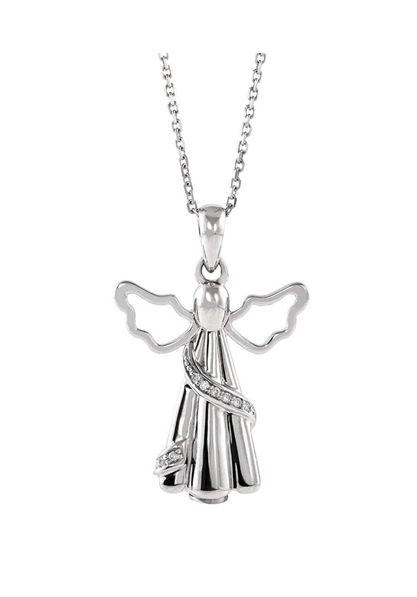 Diamond Angel Ash Holder Pendent Rhodium-Plated 10k White Gold Necklace, 18" (26.50X17.00 MM) (.03 CTW)