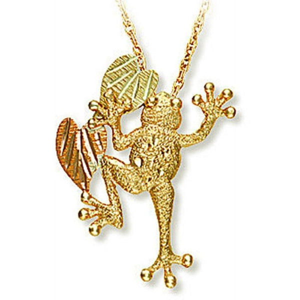 Hammered Finish Frog Pendant Necklace, 10k Yellow Gold, 12k Green and Rose Gold Black Hills Gold Motif, 18"