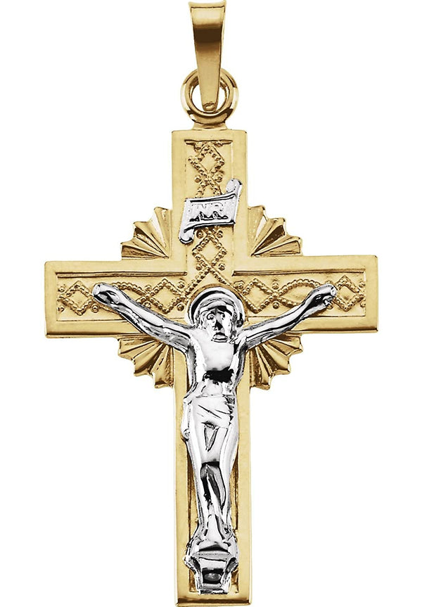 Two-Tone Sunburst Crucifix 14k Yellow and White Gold Pendant(32X21.5MM)