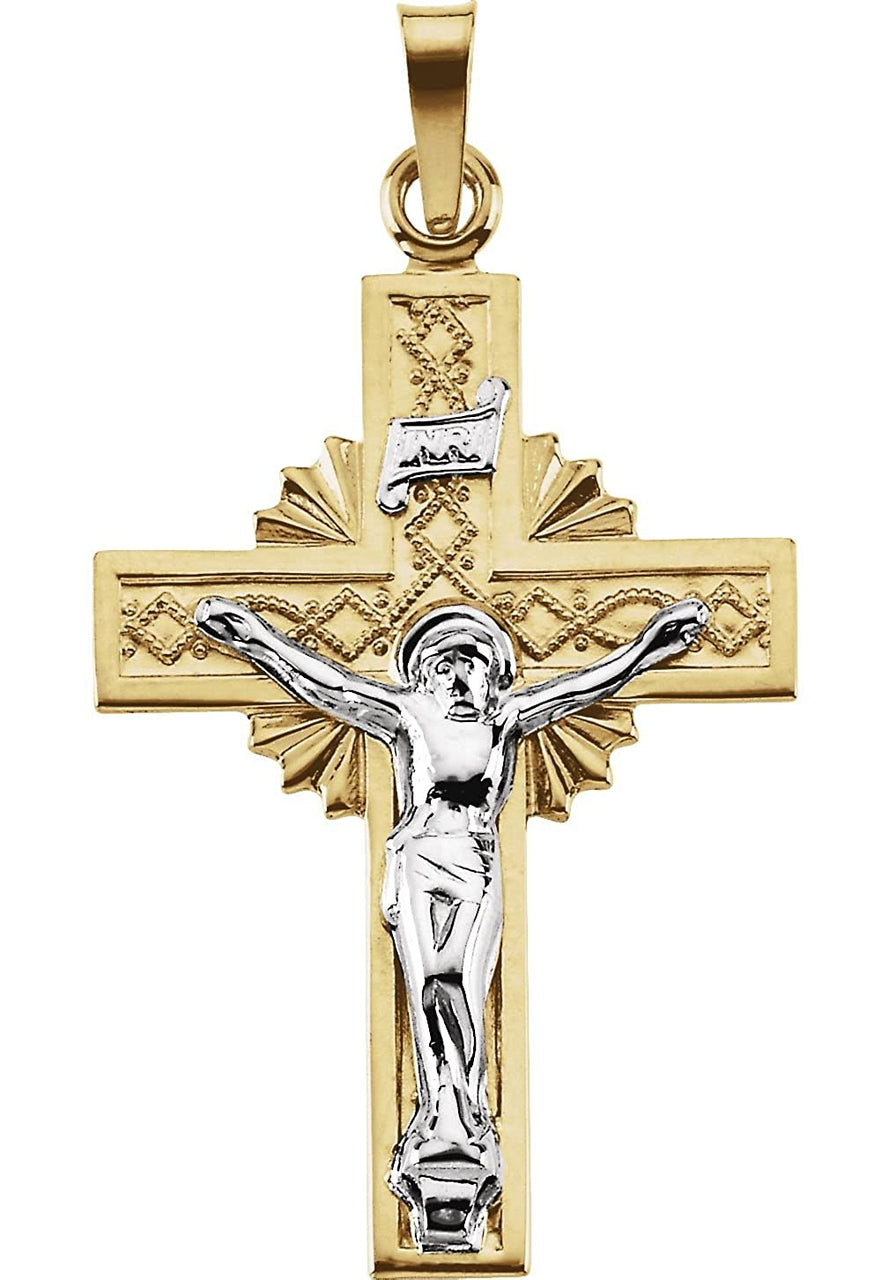 Two-Tone Sunburst Crucifix 14k Yellow and White Gold Pendant(32X21.5MM)