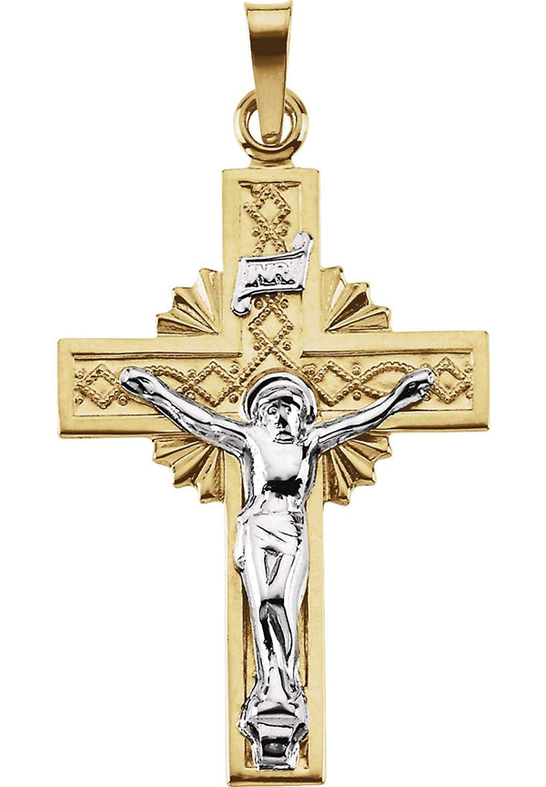 Two-Tone Sunburst Crucifix 14k Yellow and White Gold Pendant(32X19.5MM)